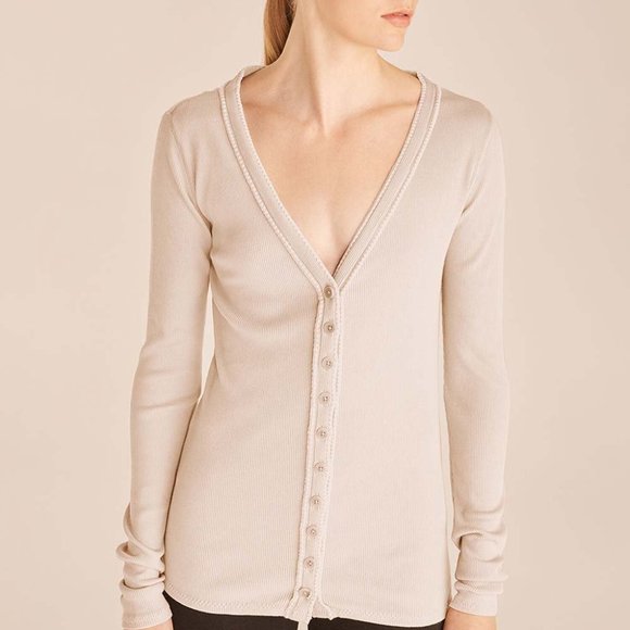 REBECCA TAYLOR Ribbed Pima Cotton Cardigan V-Neck in Oat Size Medium New - Picture 2 of 10